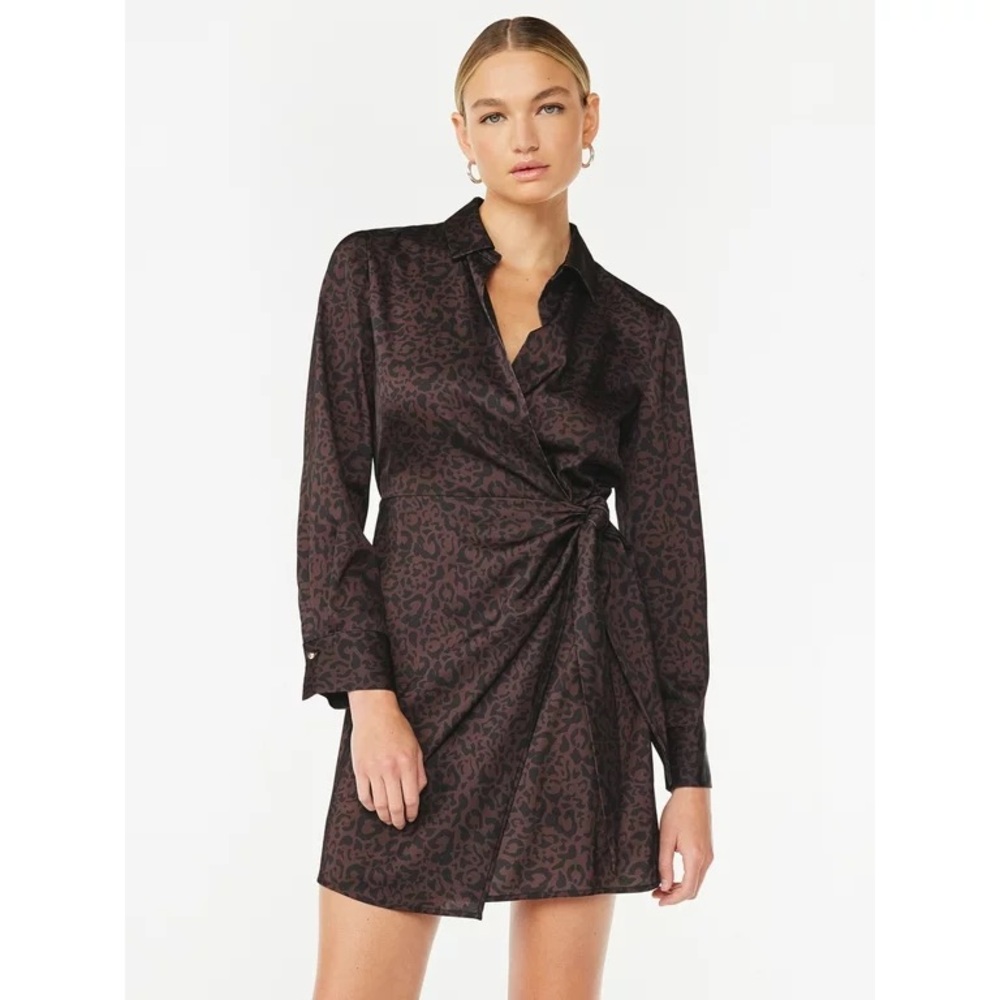 Scoop Wrap Tie Animal Print Mini Dress with Collar